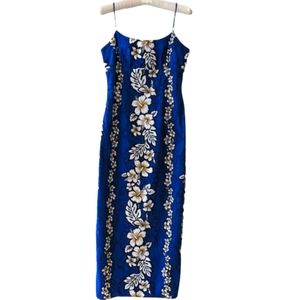 Royal Creations maxi dress Hawaii floral print cotton blue Large hibiscus